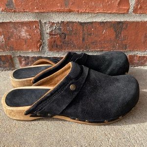 Sanita black suede wood studded flat  mule clogs